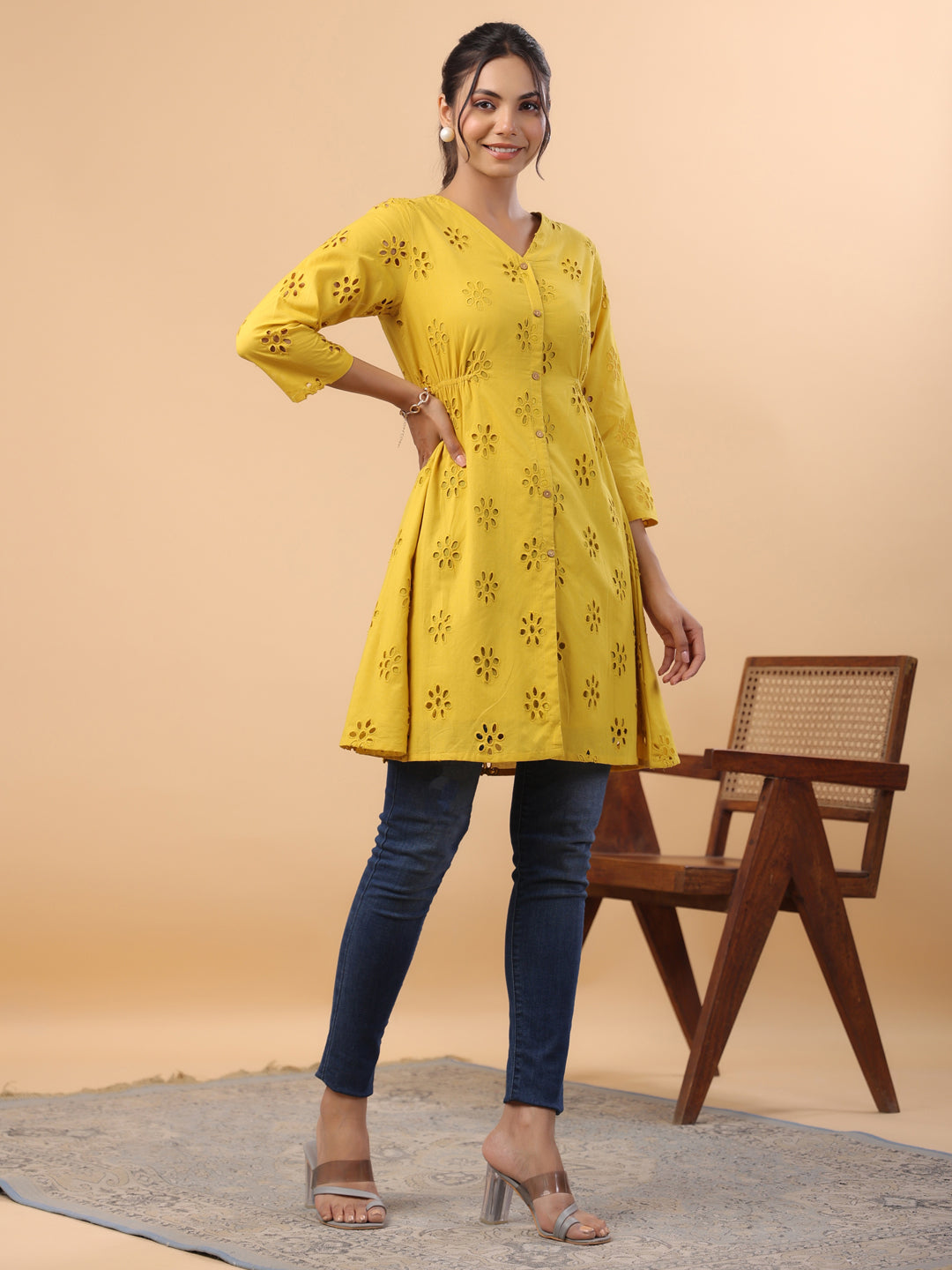 Janasya Mustard Cotton Schiffli A-Line Tunic 