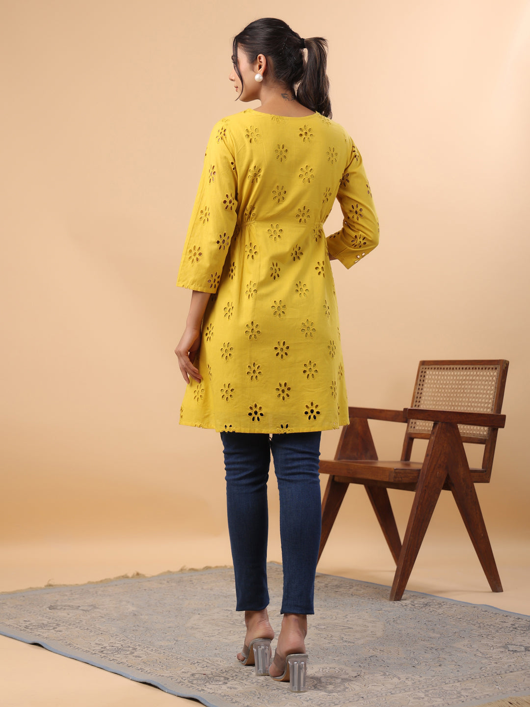 Janasya Mustard Cotton Schiffli A-Line Tunic 