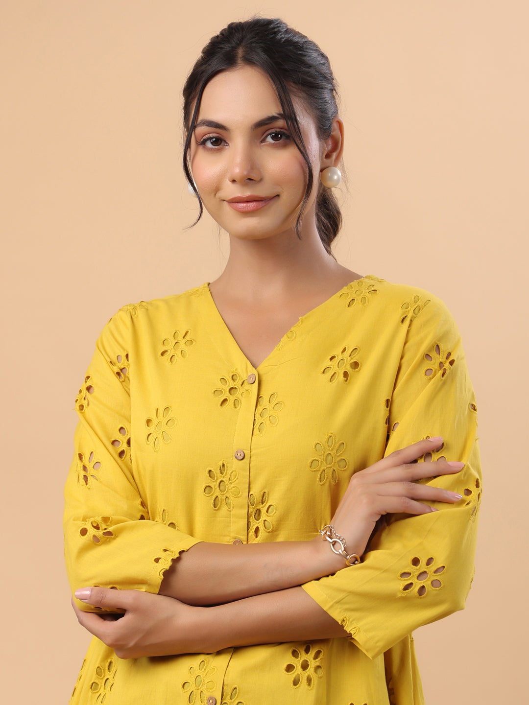 Janasya Mustard Cotton Schiffli A-Line Tunic 