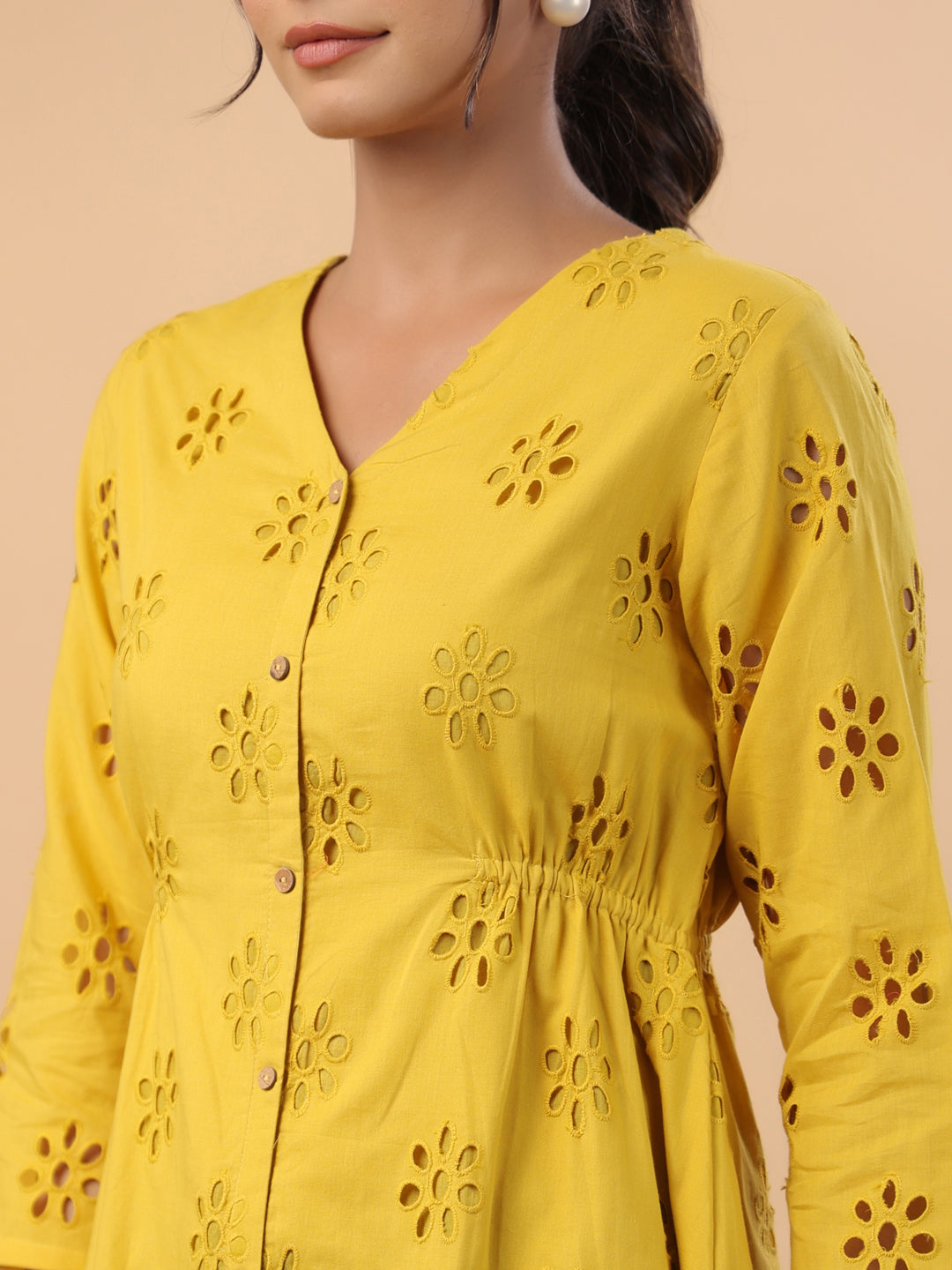 Janasya Mustard Cotton Schiffli A-Line Tunic 