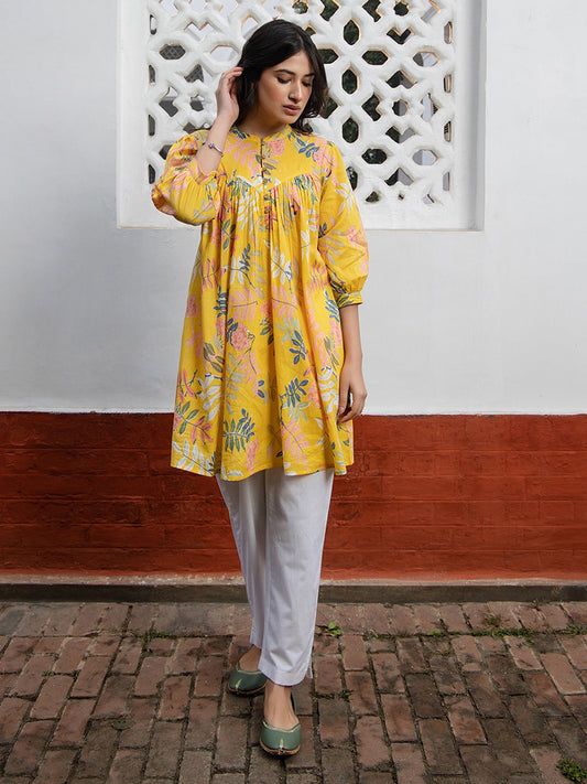 Janasya Light Cotton Tropical Gathered Tunic 