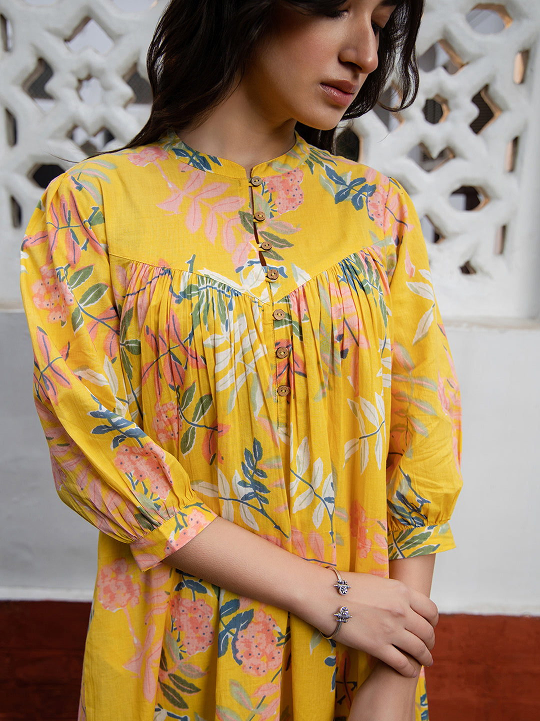 Janasya Light Cotton Tropical Gathered Tunic 