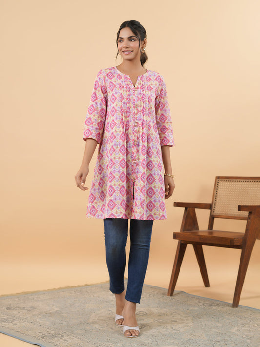 Janasya Pink Cambric Geometric Tunic 