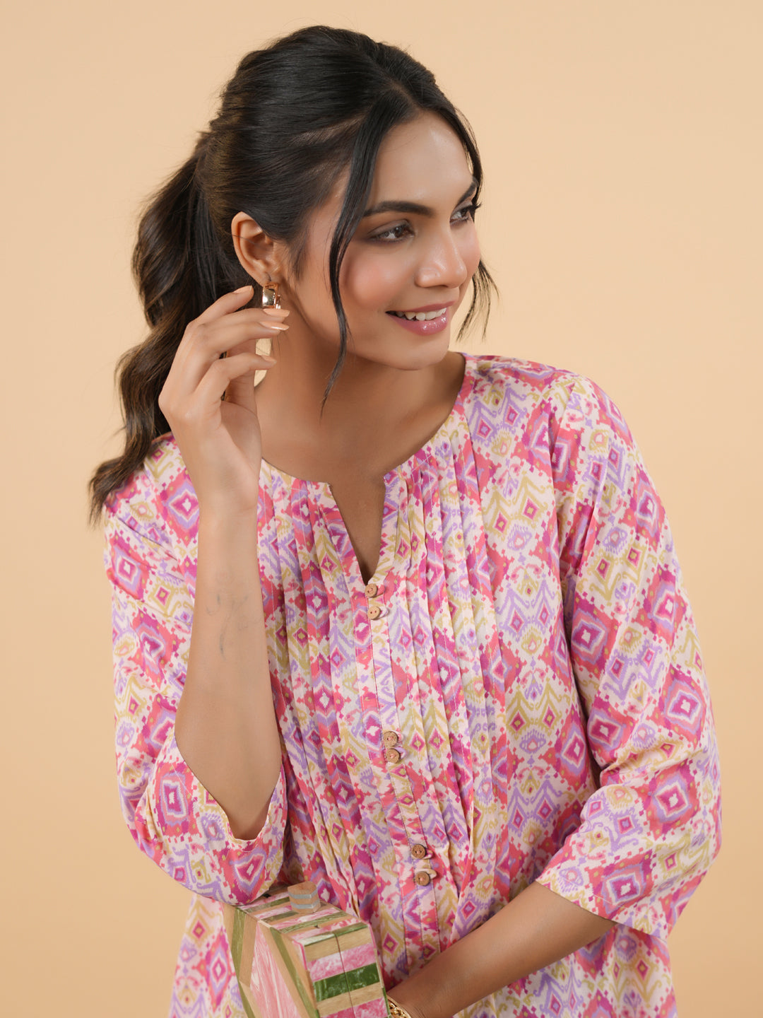 Janasya Pink Cambric Geometric Tunic 