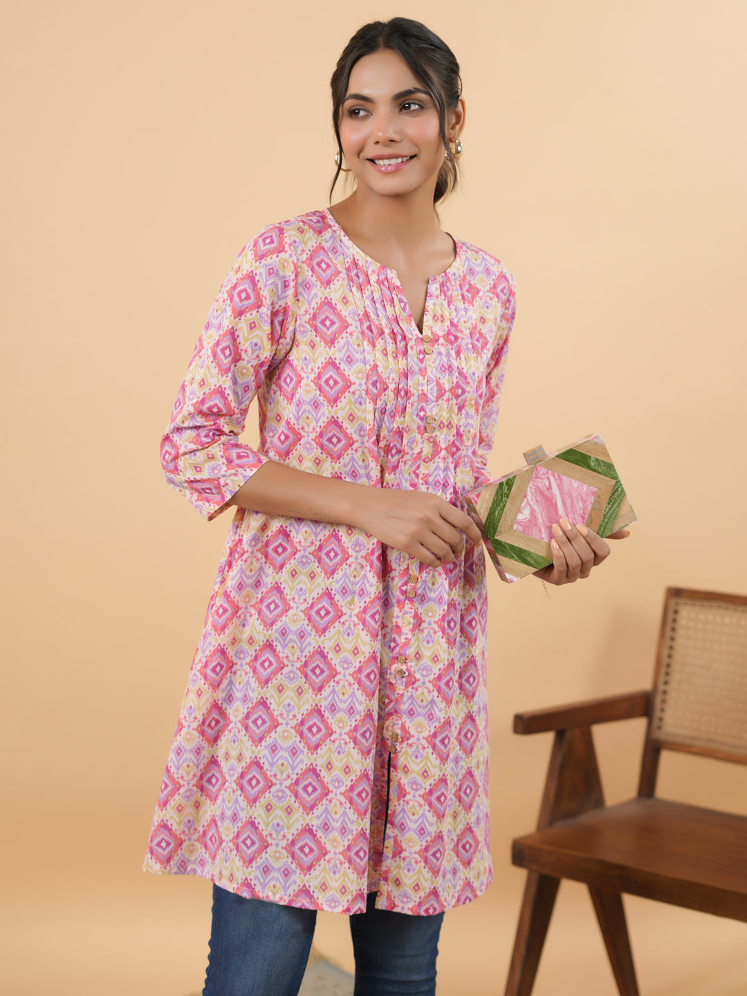 Janasya Pink Cambric Geometric Tunic 