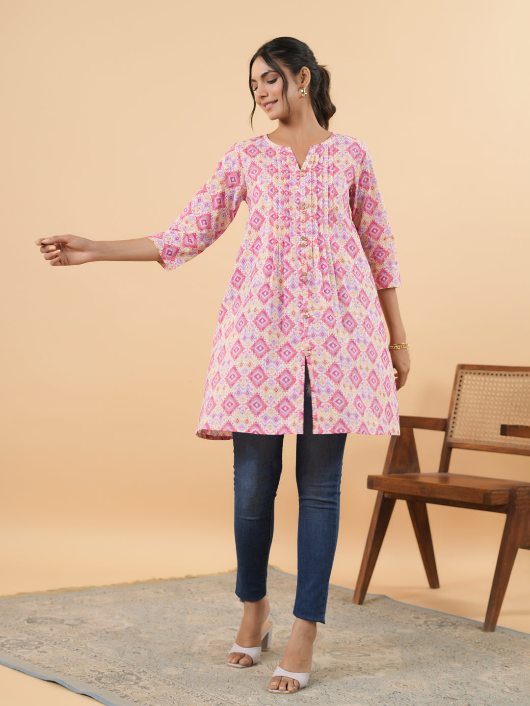 Janasya Pink Cambric Geometric Tunic 