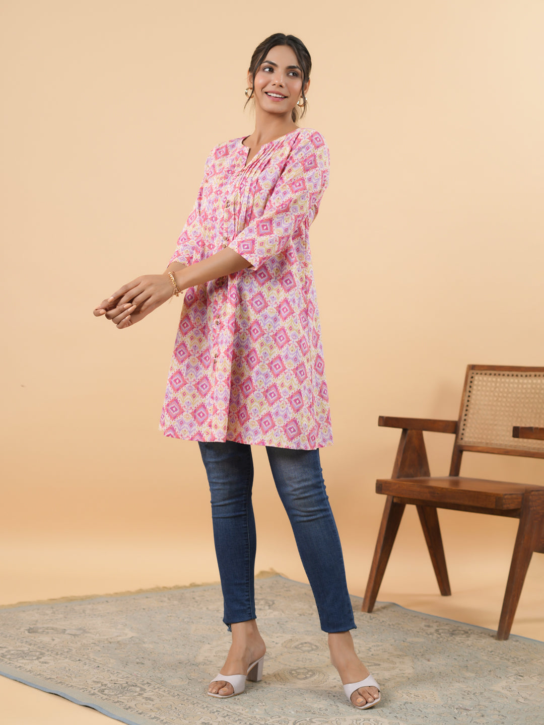 Janasya Pink Cambric Geometric Tunic 