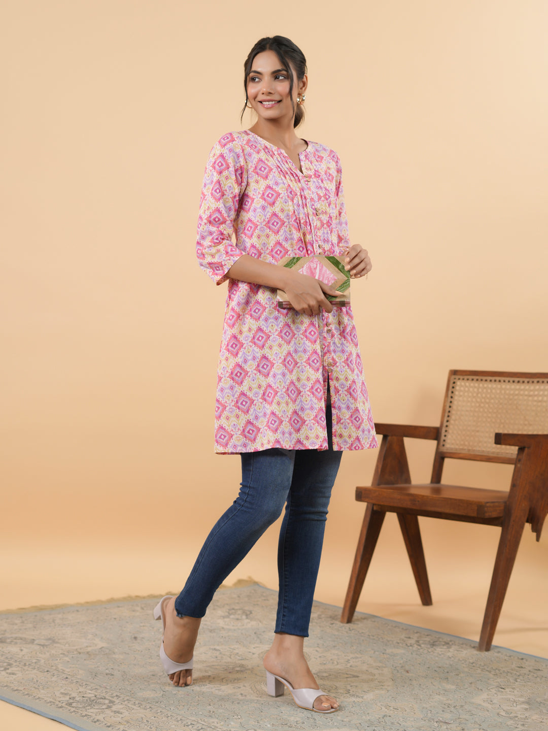 Janasya Pink Cambric Geometric Tunic 