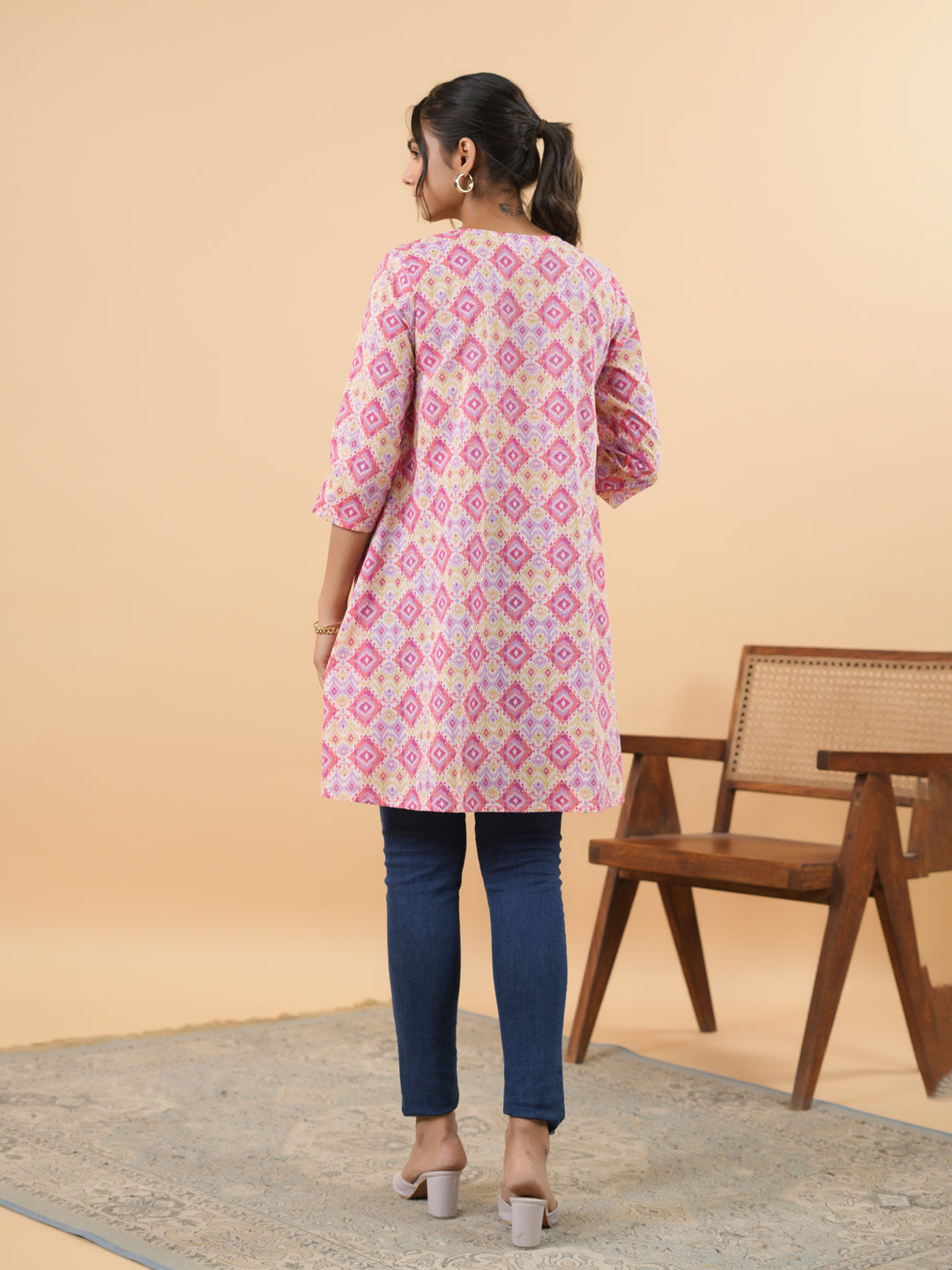 Janasya Pink Cambric Geometric Tunic 