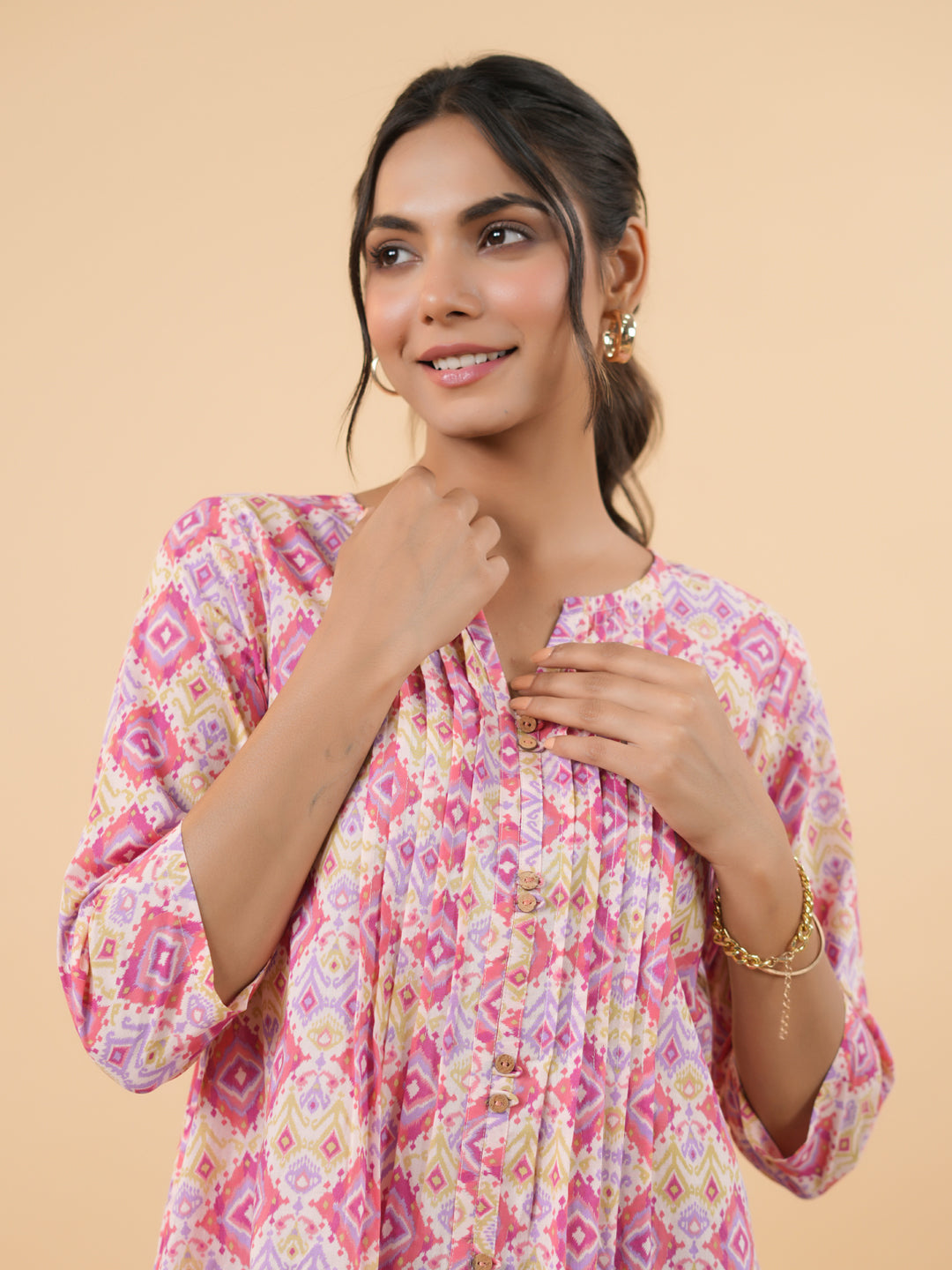 Janasya Pink Cambric Geometric Tunic 