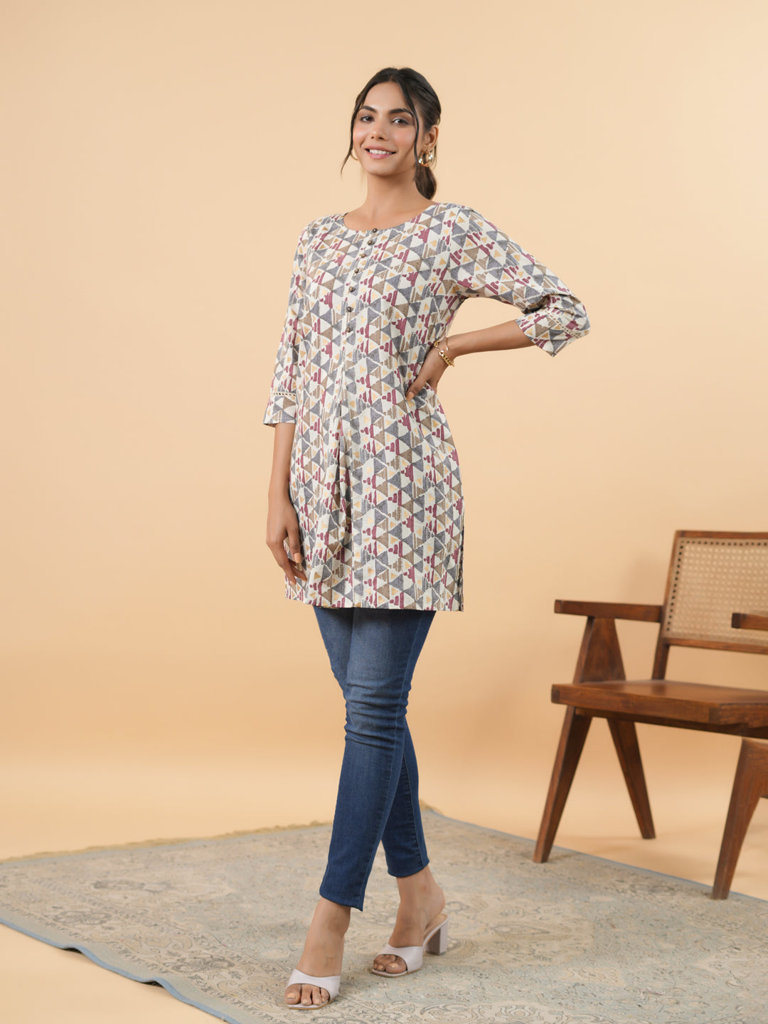 Janasya Off White Cambric Gemometric Tunic 