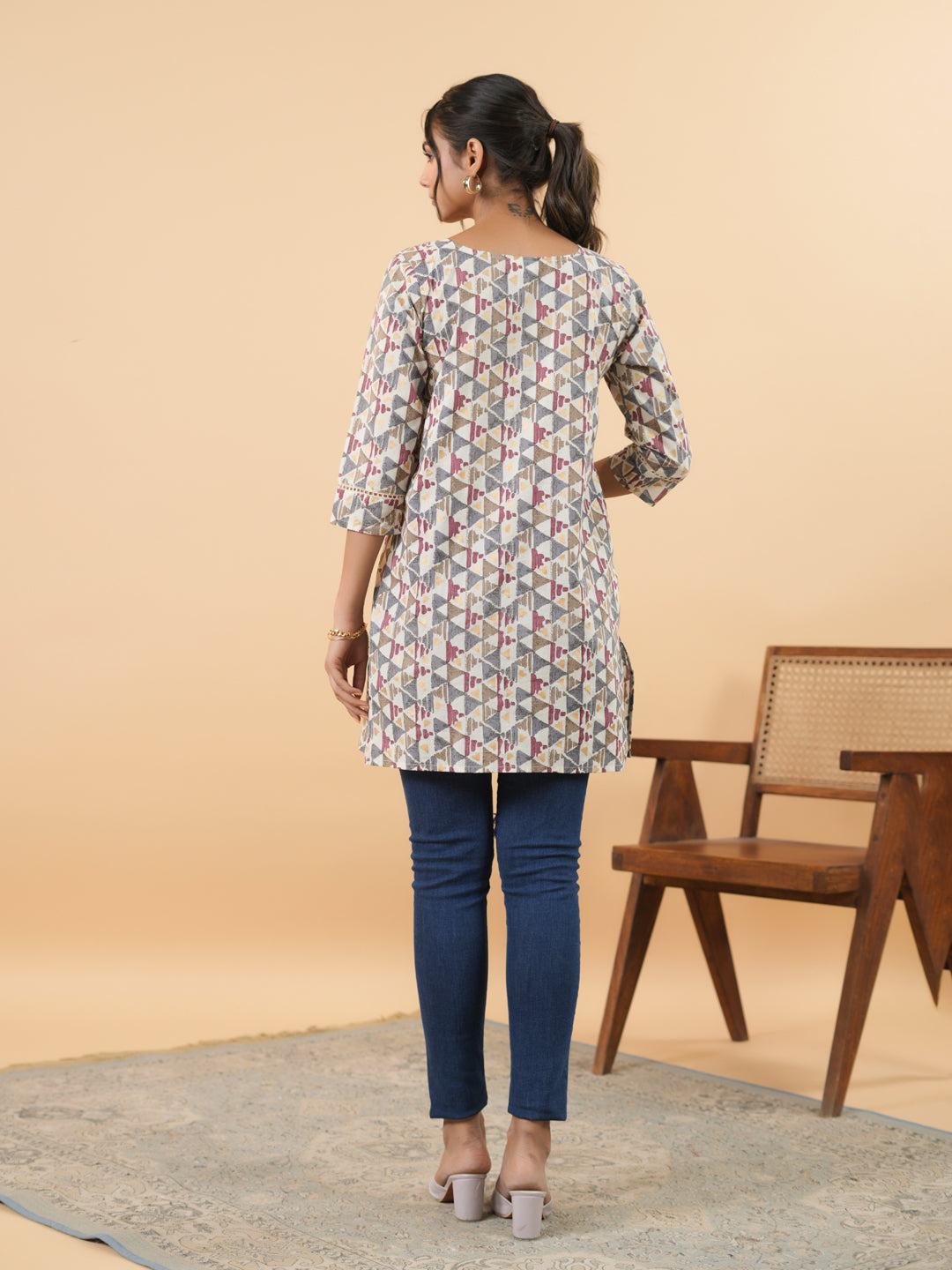 Janasya Off White Cambric Gemometric Tunic 
