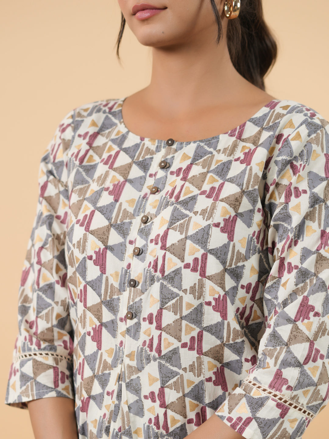 Janasya Off White Cambric Gemometric Tunic 