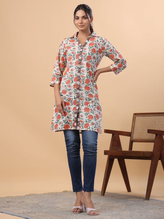 Janasya Regular Cambric Cream Floral Collar Tunic 