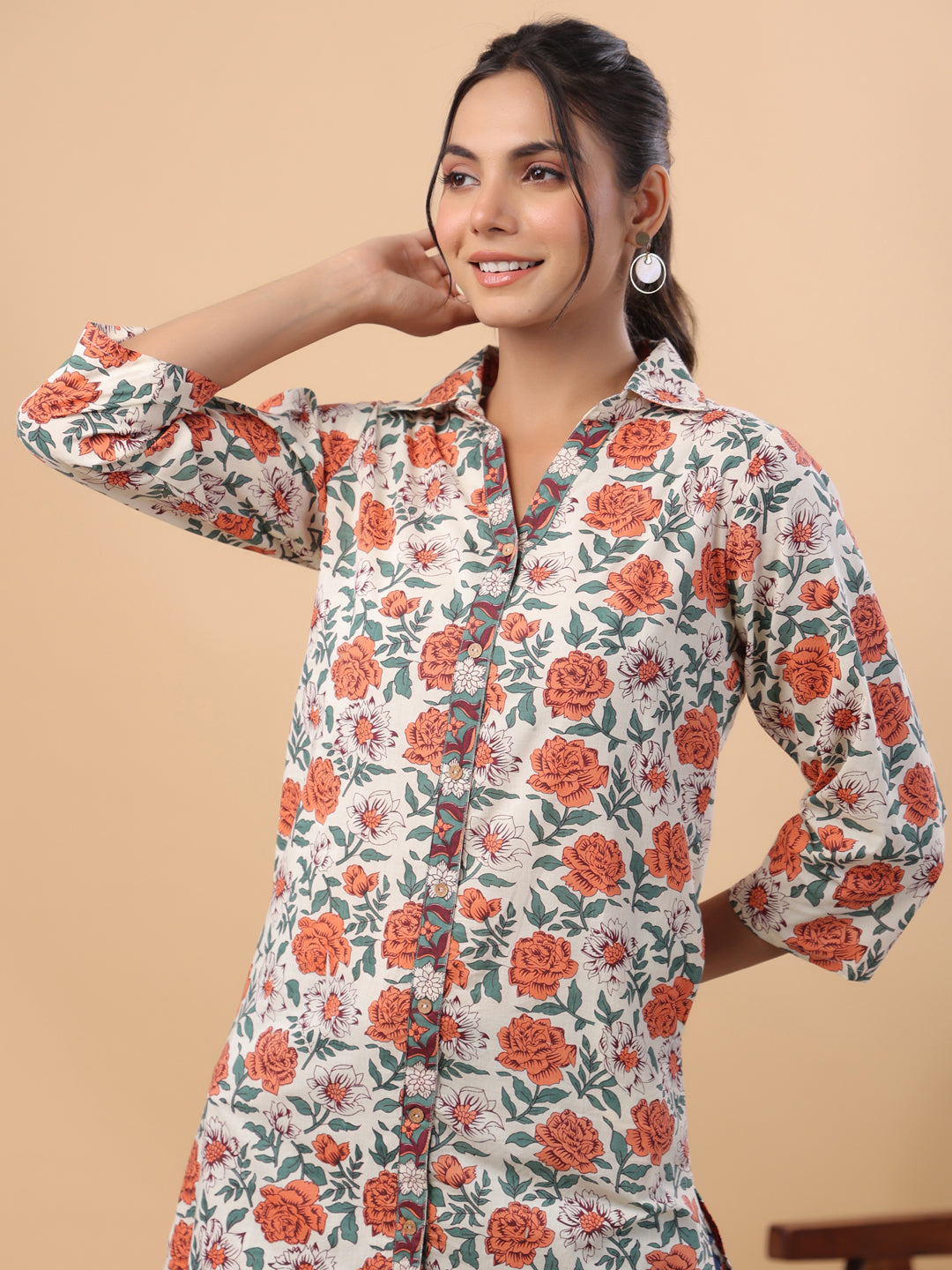 Janasya Cream Cambric Floral Tunic 