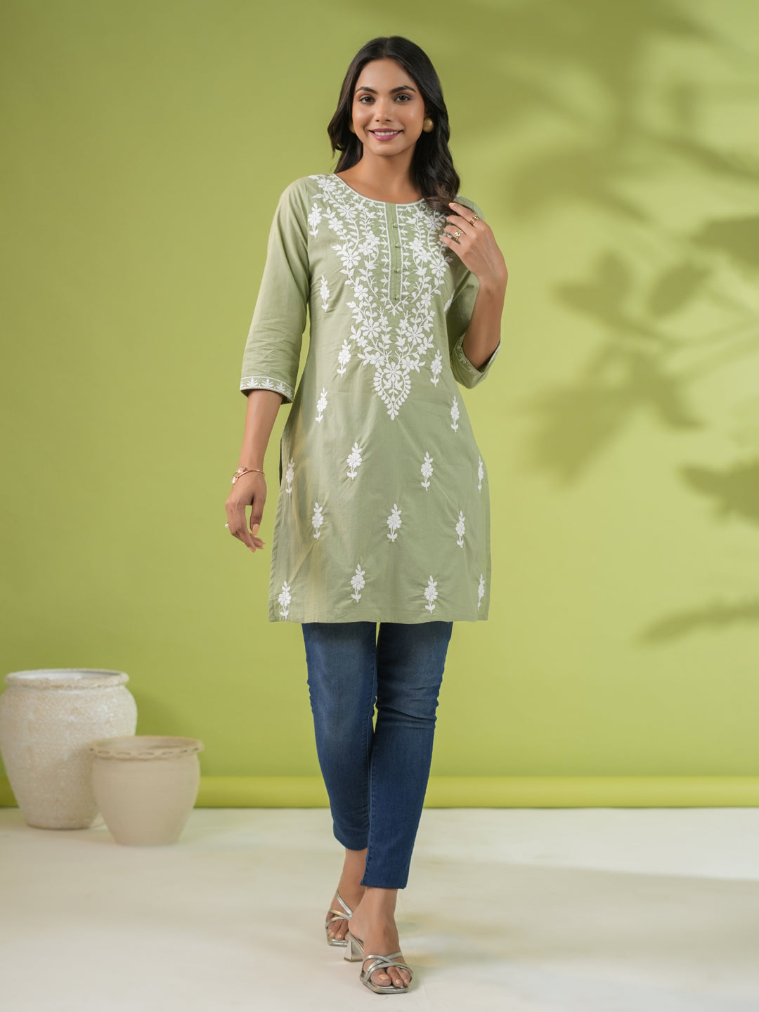 Janasya Sage Cambric Embroidered Tunic 