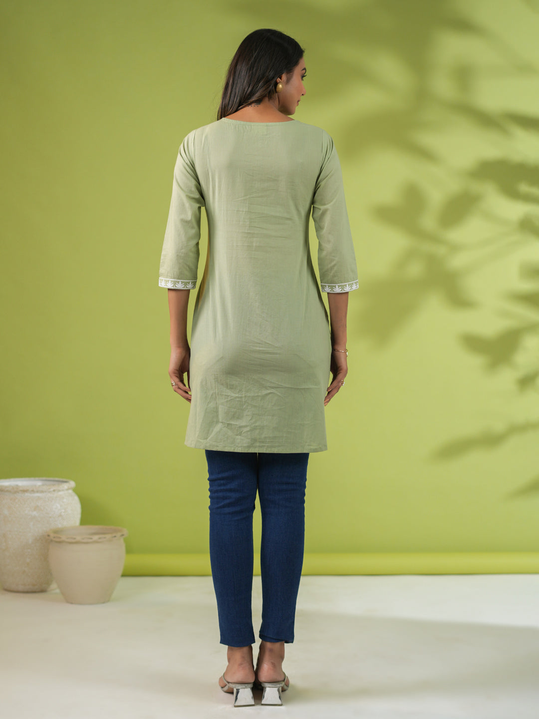 Janasya Regular Cambric Sage Embroidered Round Neck Tunic 