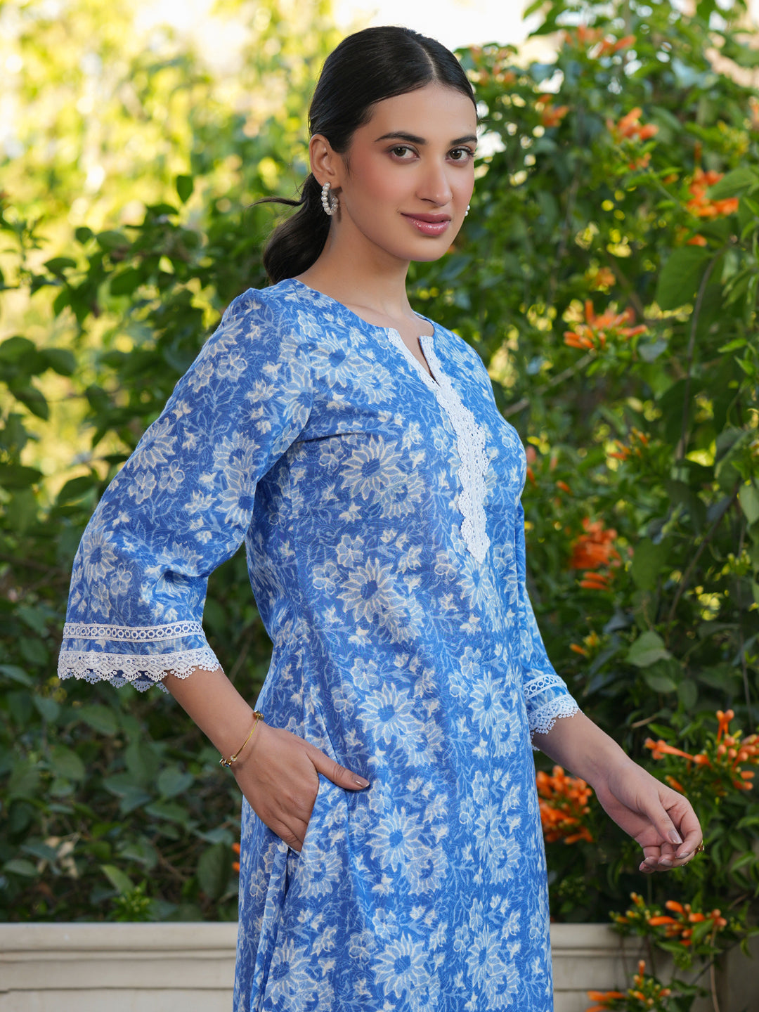 Janasya Light Cotton Floral Straight Top & Bottom Set 