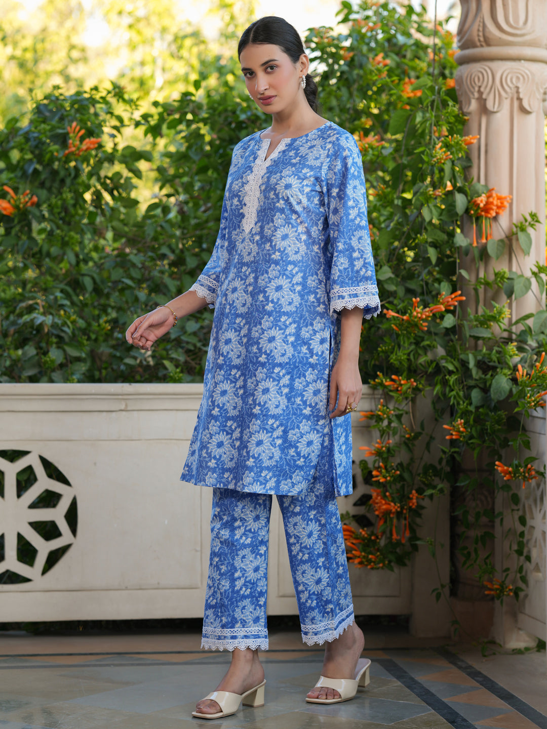 Janasya Light Cotton Floral Straight Top & Bottom Set 