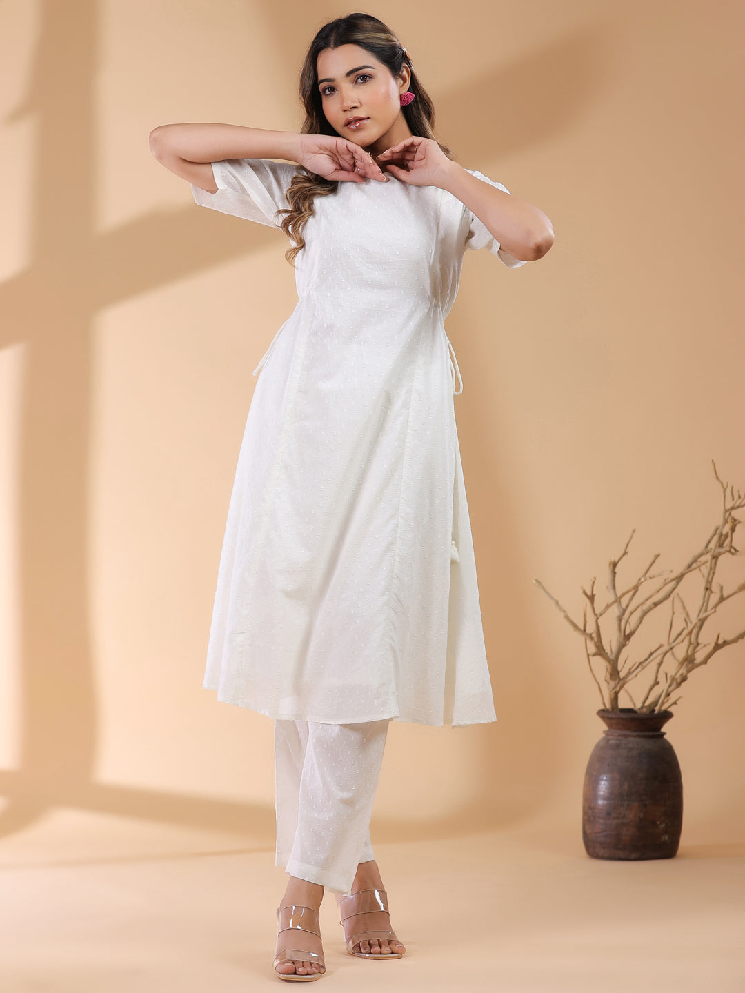 Janasya Light Dobby Cotton Self Design A-Line Kurta Set 