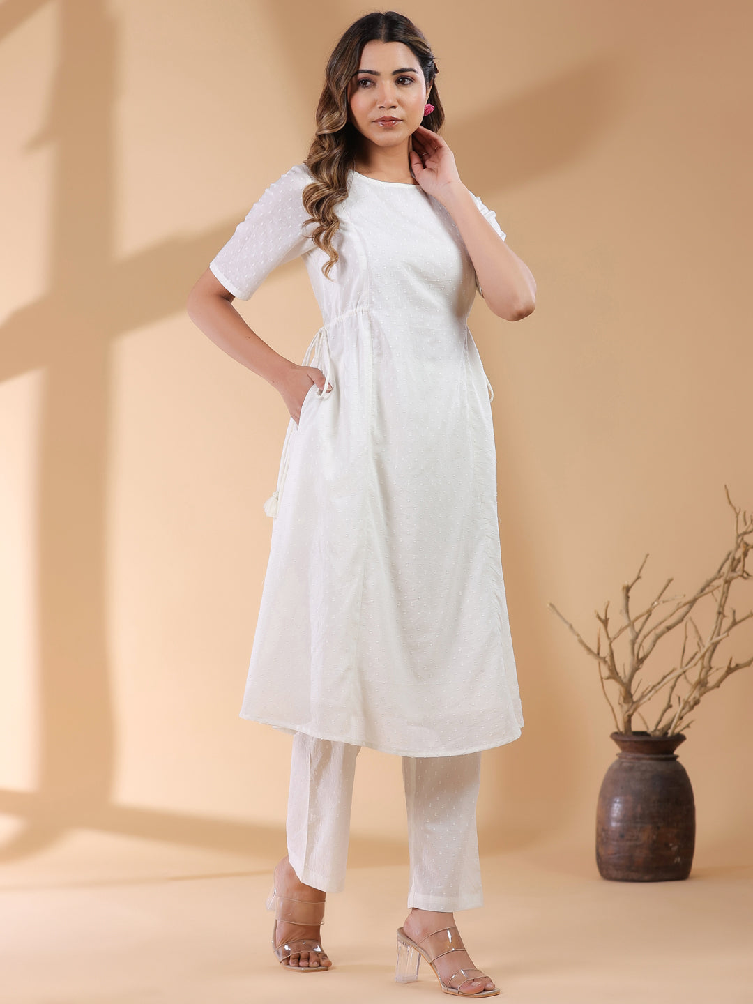 Janasya Light Dobby Cotton Self Design A-Line Kurta Set 