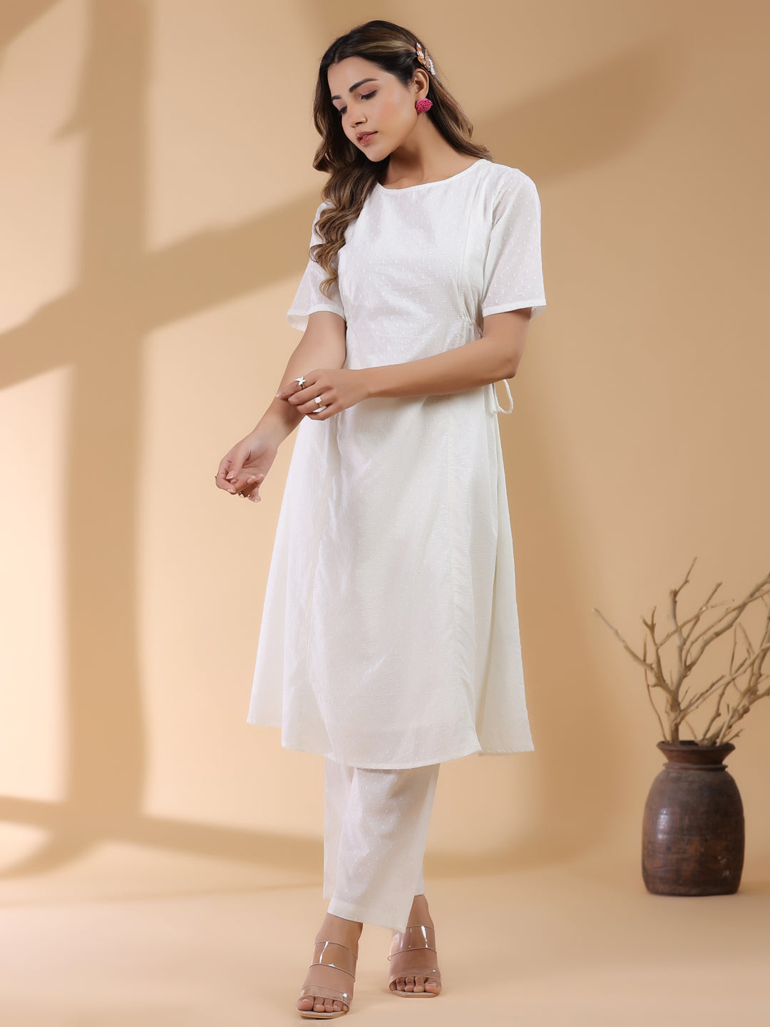 Janasya Light Dobby Cotton Self Design A-Line Kurta Set 