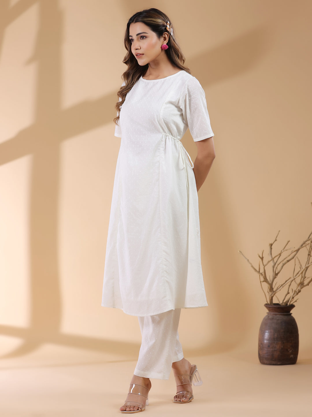Janasya Light Dobby Cotton Self Design A-Line Kurta Set 