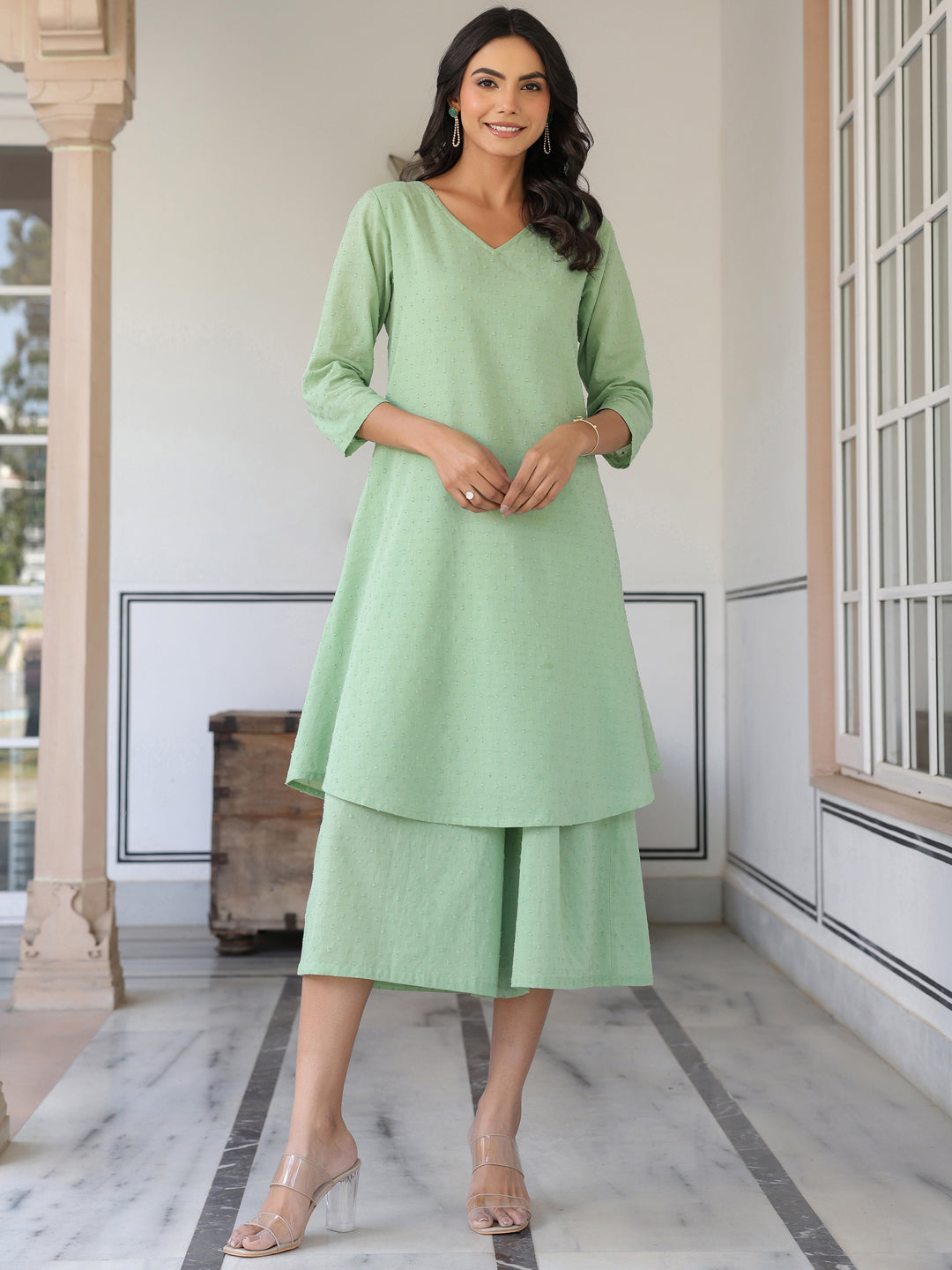 Janasya Light Dobby Cotton Self Design A-Line Top & Bottom Set 