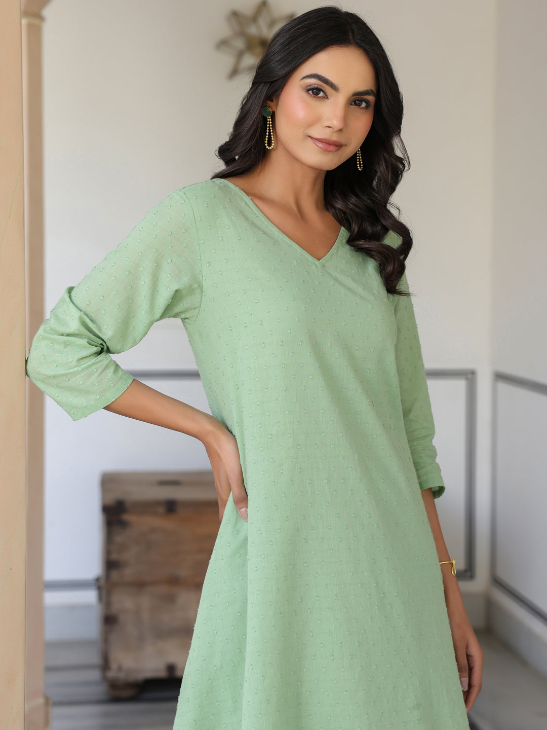Janasya Light Dobby Cotton Self Design A-Line Top & Bottom Set 