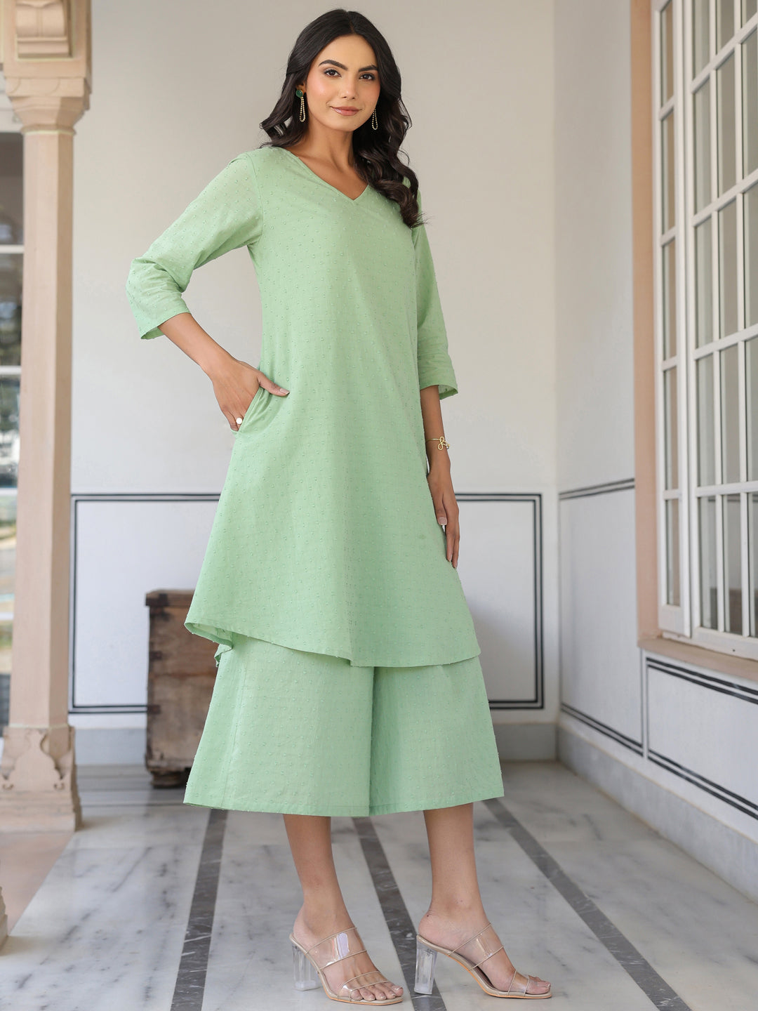 Janasya Light Dobby Cotton Self Design A-Line Top & Bottom Set 