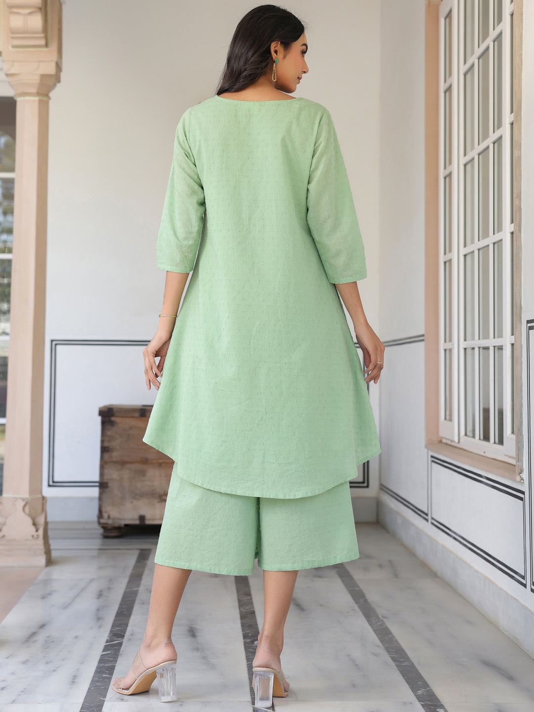 Janasya Light Dobby Cotton Self Design A-Line Top & Bottom Set 