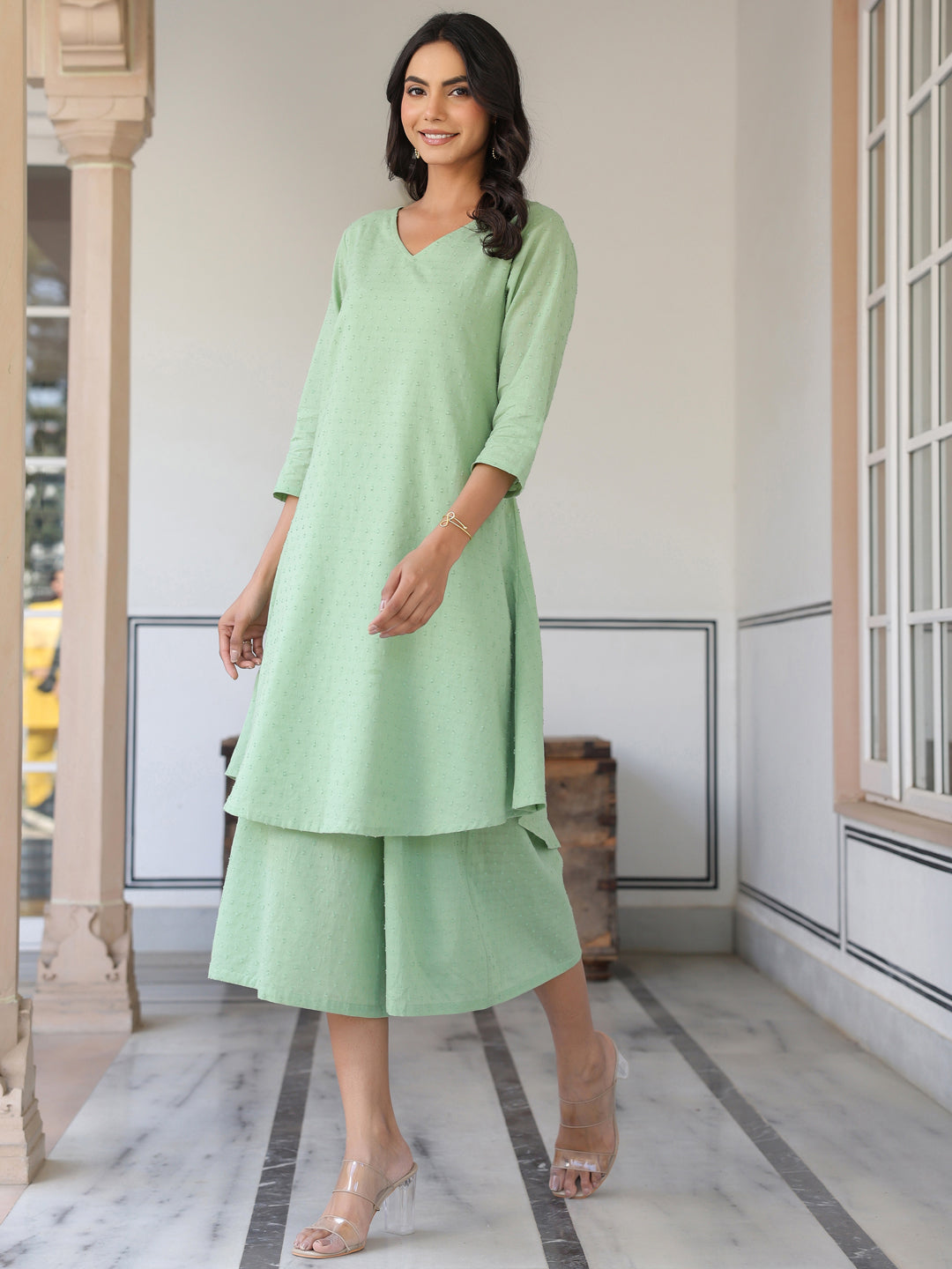 Janasya Light Dobby Cotton Self Design A-Line Top & Bottom Set 
