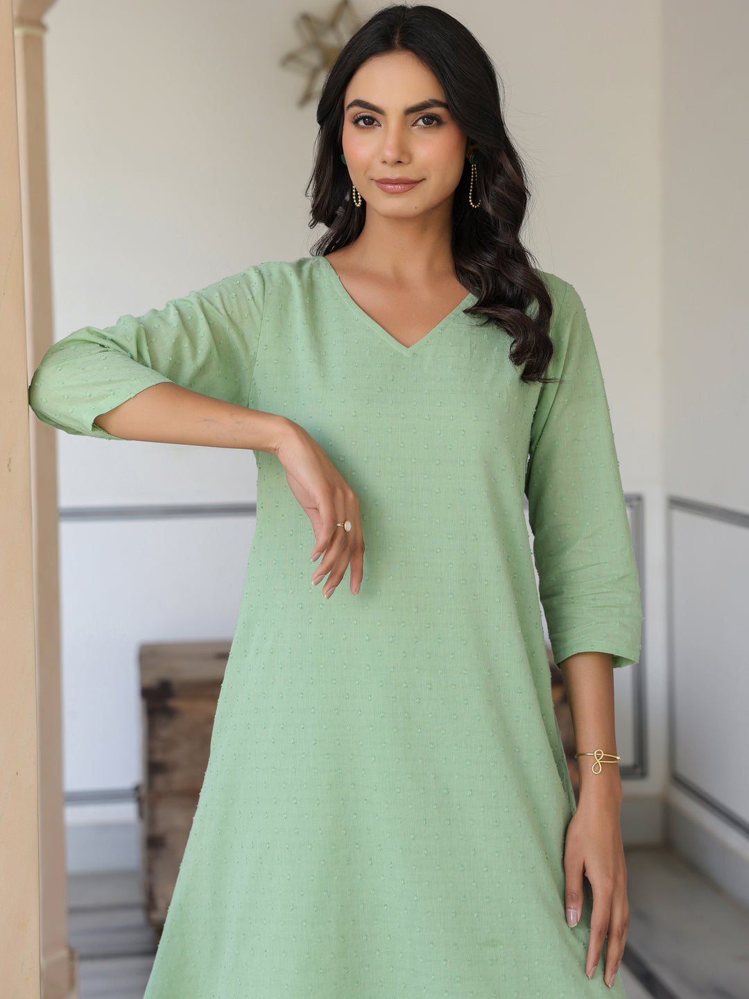 Janasya Light Dobby Cotton Self Design A-Line Top & Bottom Set 
