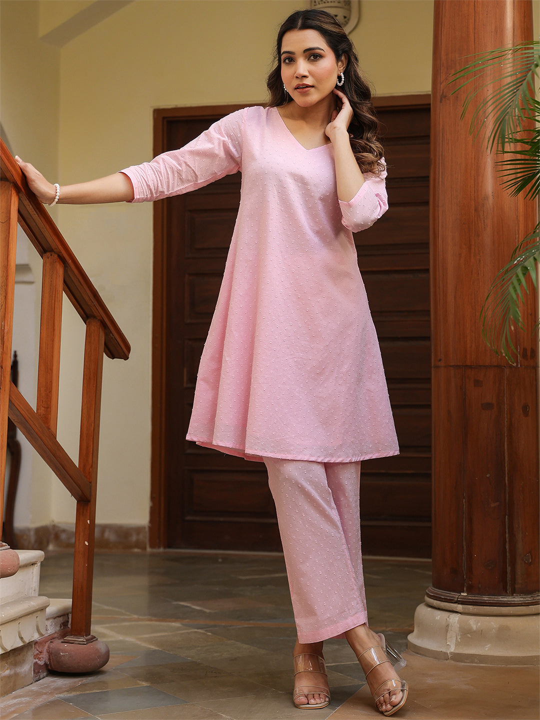Janasya Light Dobby Cotton Self Design A-Line Top & Bottom Set 