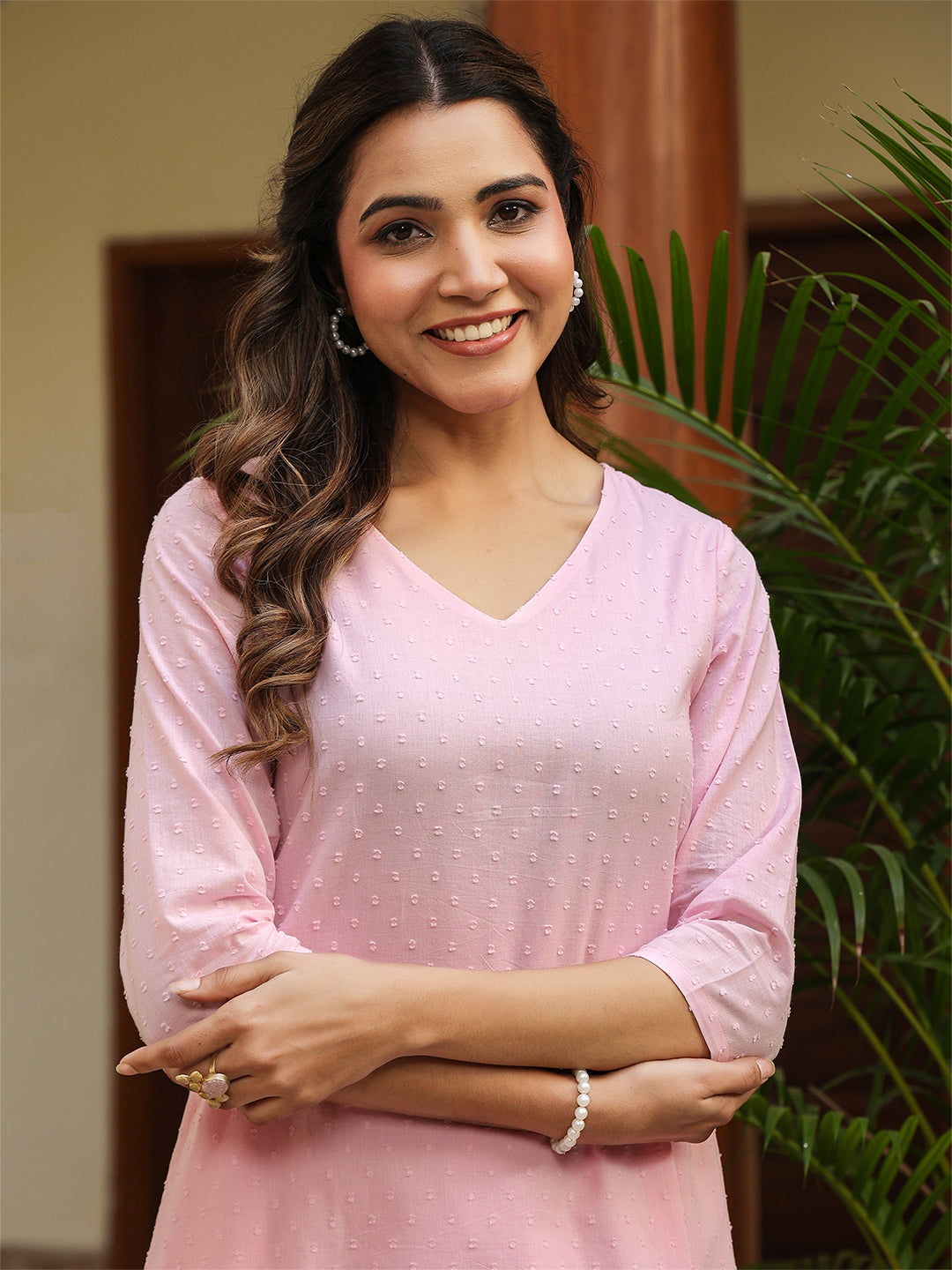 Janasya Light Dobby Cotton Self Design A-Line Top & Bottom Set 