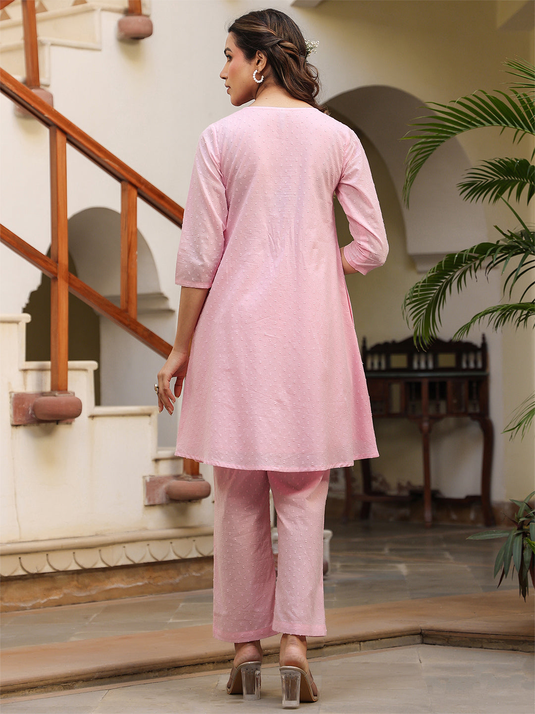 Janasya Light Dobby Cotton Self Design A-Line Top & Bottom Set 
