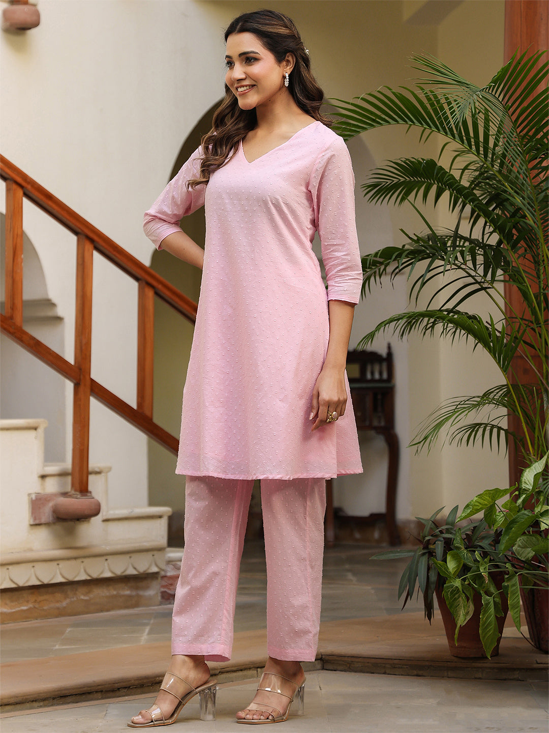 Janasya Light Dobby Cotton Self Design A-Line Top & Bottom Set 