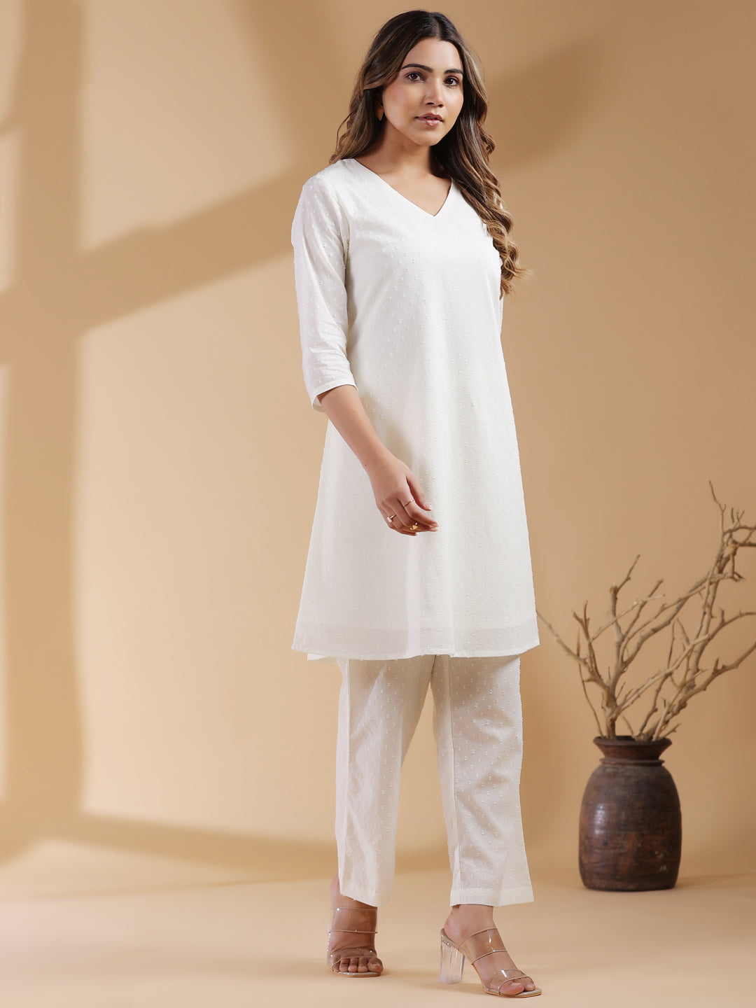 Janasya Off White Dobby Cotton Self Design A-Line Kurta Set 
