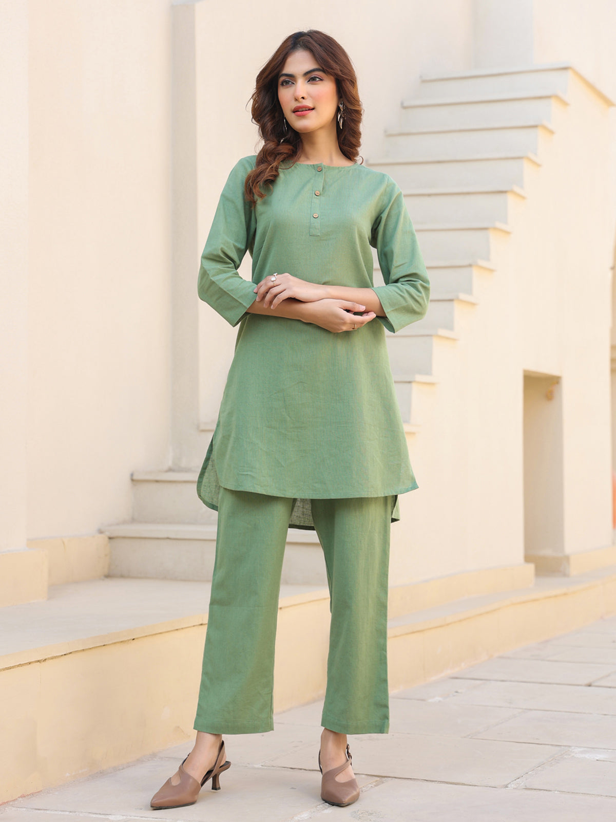 Janasya Dark Cotton Solid A-Line Top & Bottom Set 
