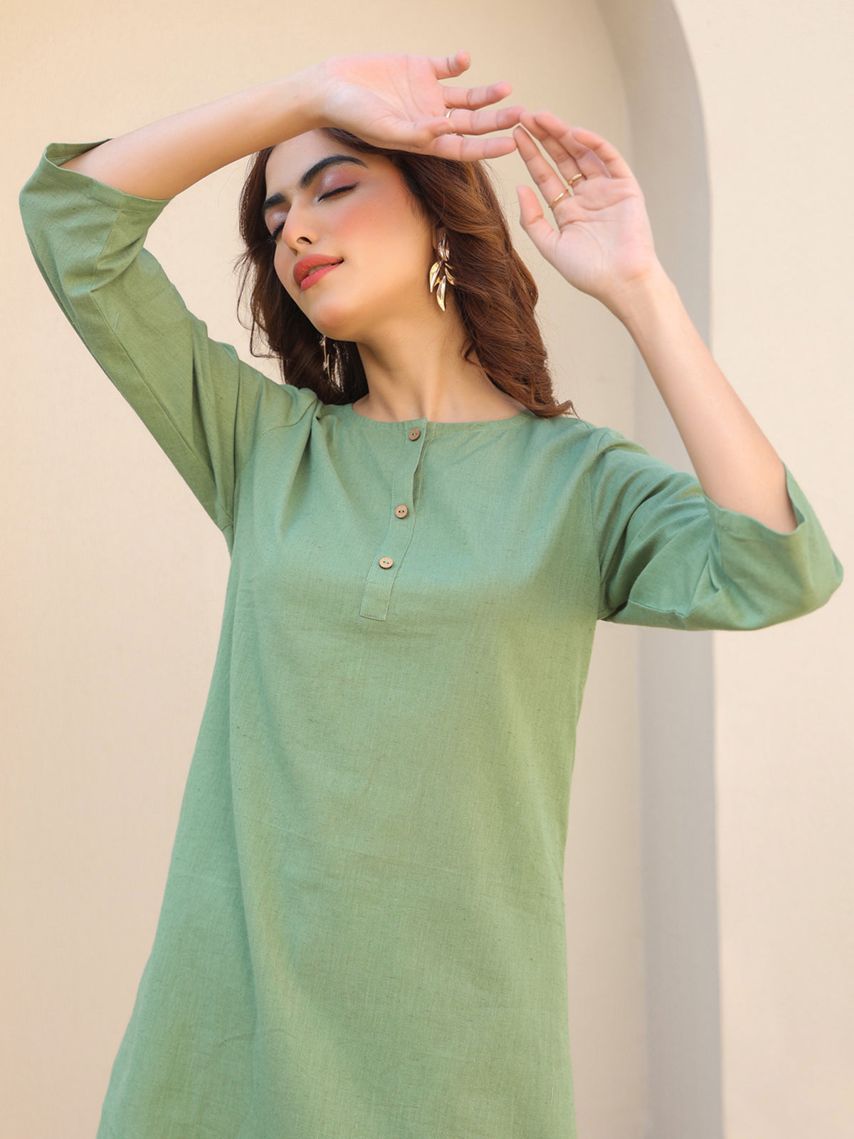 Janasya Dark Cotton Solid A-Line Top & Bottom Set 