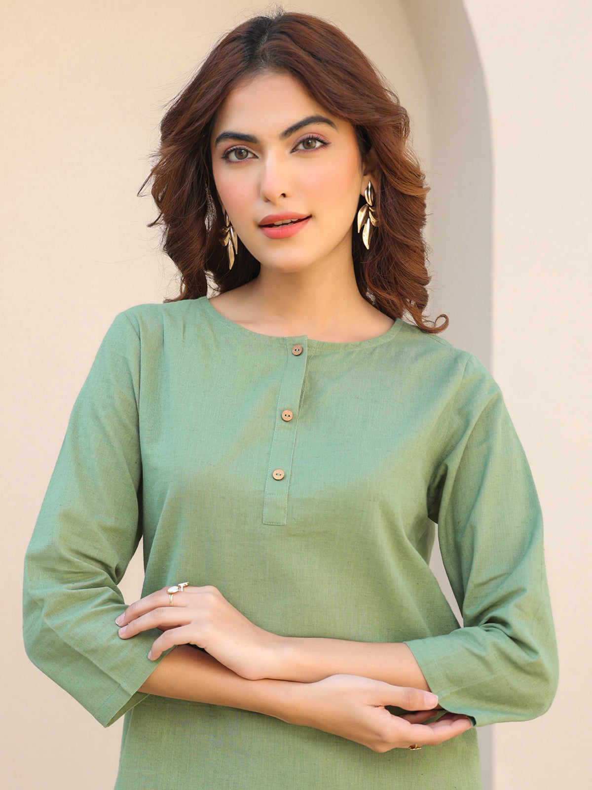 Janasya Dark Cotton Solid A-Line Top & Bottom Set 