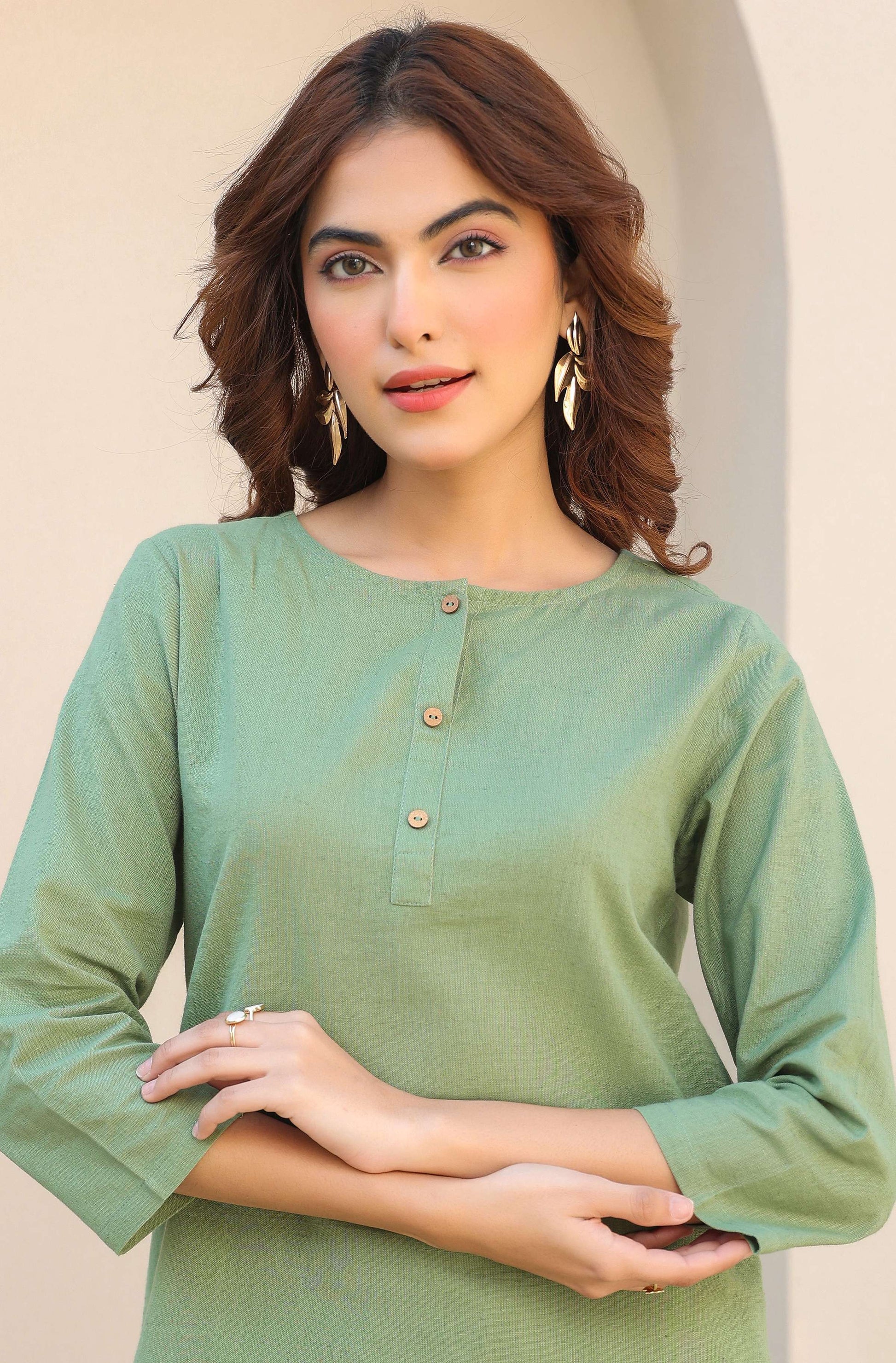 Janasya Dark Cotton Solid A-Line Top & Bottom Set 