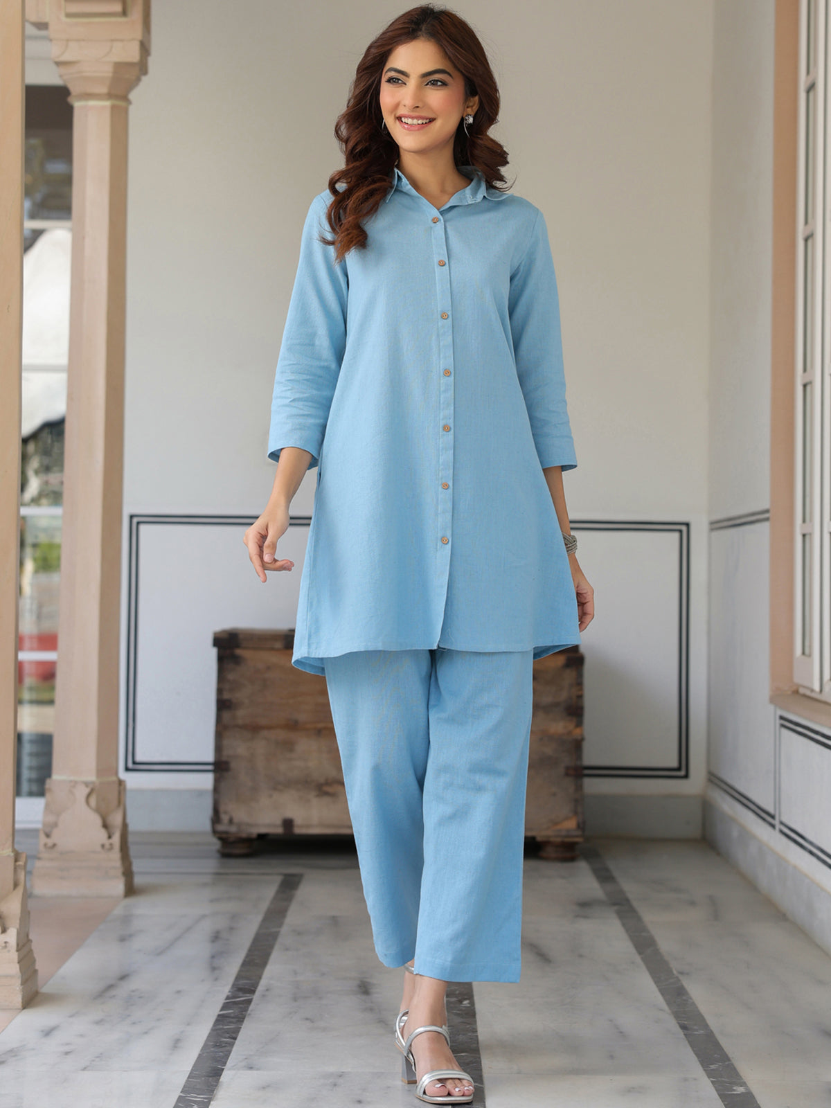 Janasya Light Cotton Solid Straight Top & Bottom Set 