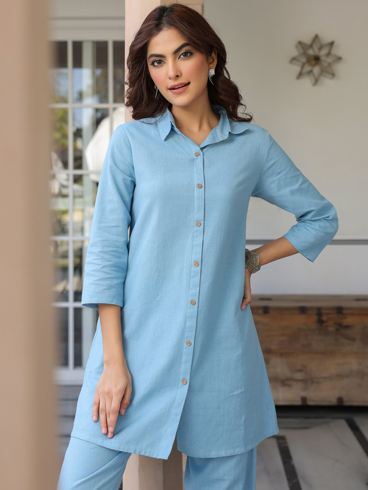 Janasya Light Cotton Solid Straight Top & Bottom Set 