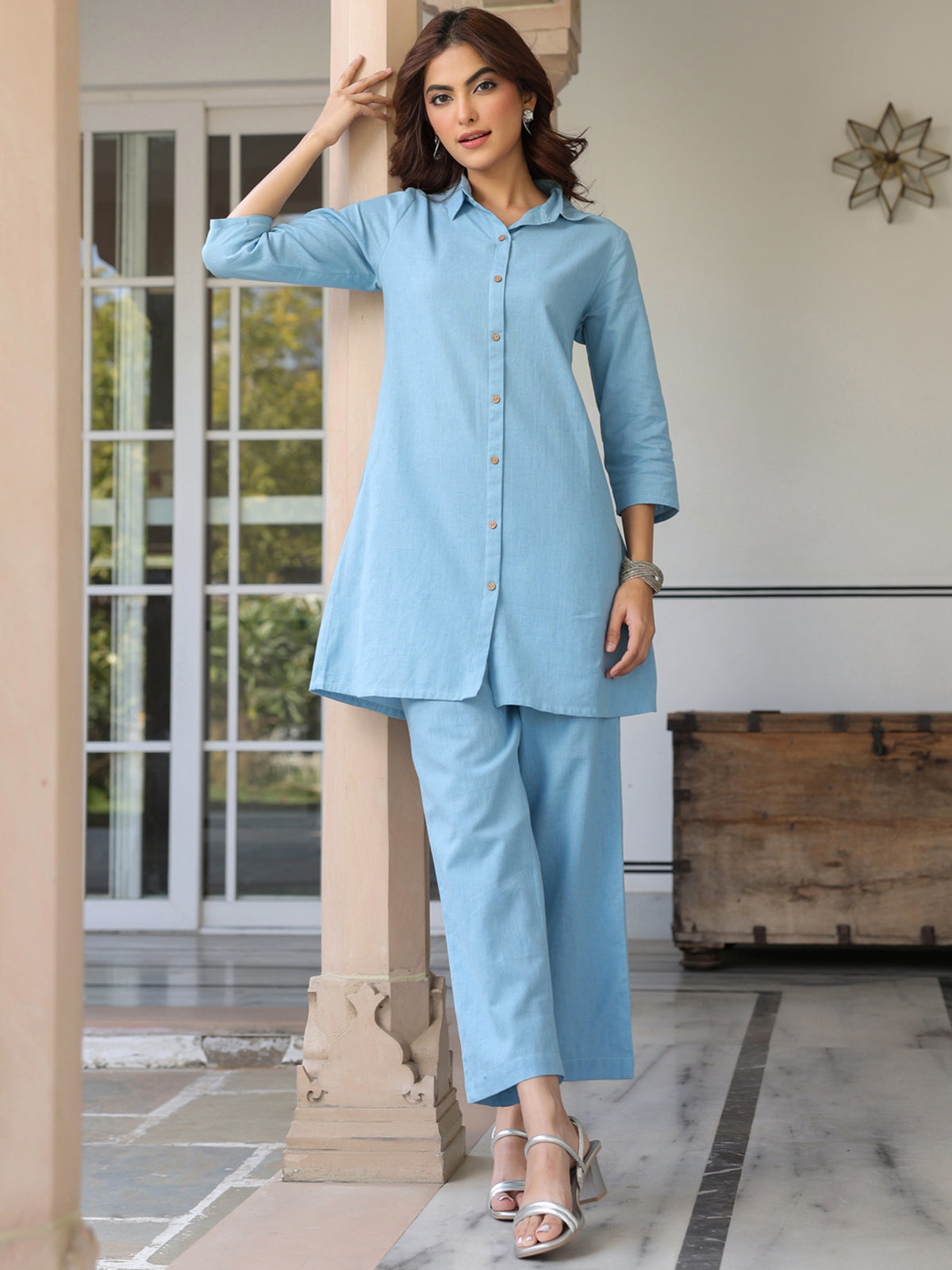 Janasya Light Cotton Solid Straight Top & Bottom Set 
