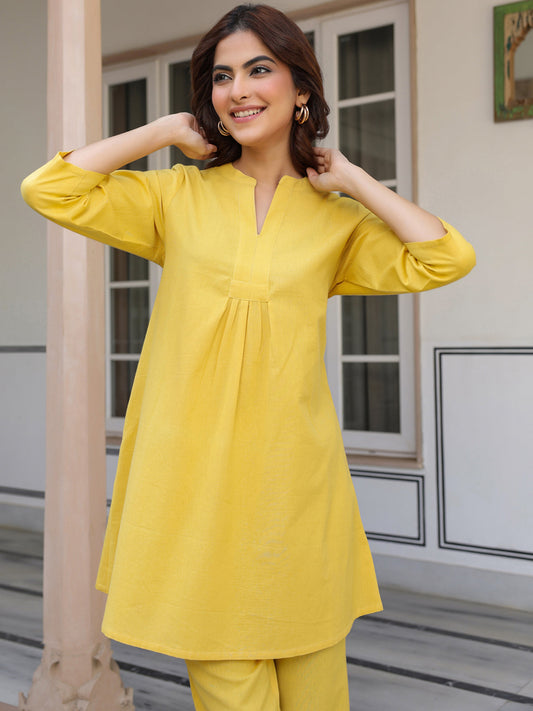 Janasya Bright Cotton Solid A-Line Top & Bottom Set 