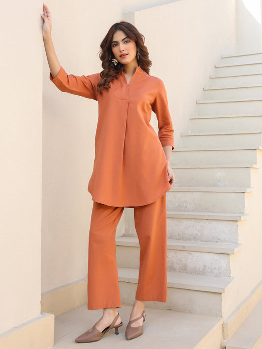 Janasya Dark Cotton Solid A-Line Top & Bottom Set 