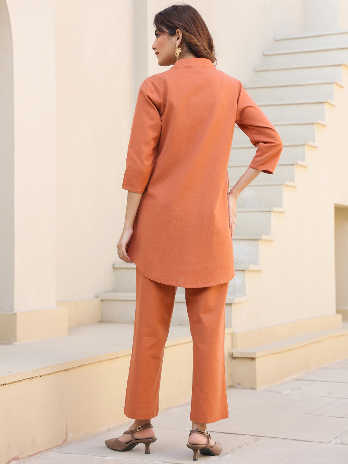 Janasya Dark Cotton Solid A-Line Top & Bottom Set 