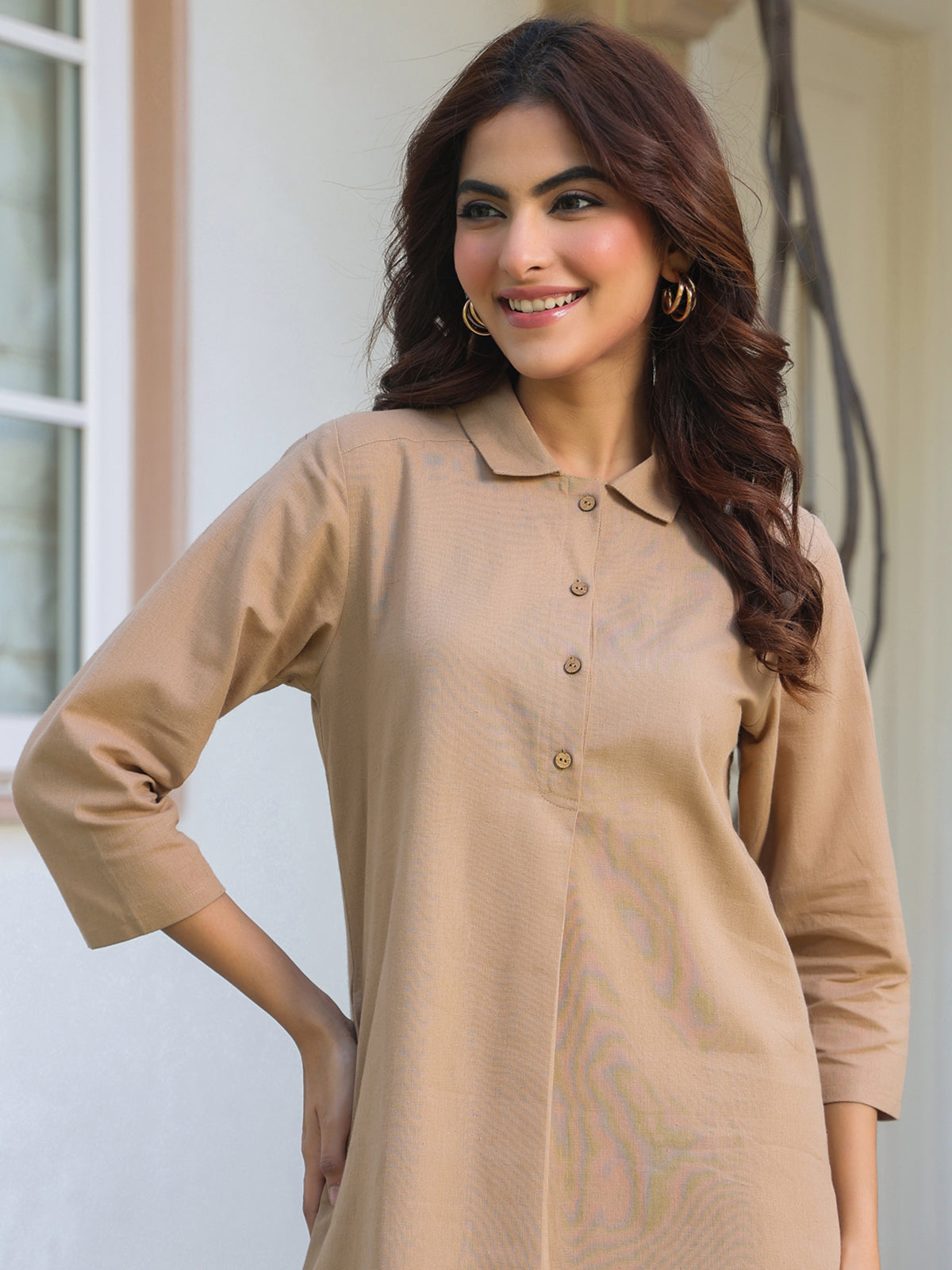 Janasya Dark Cotton Solid A-Line Top & Bottom Set 