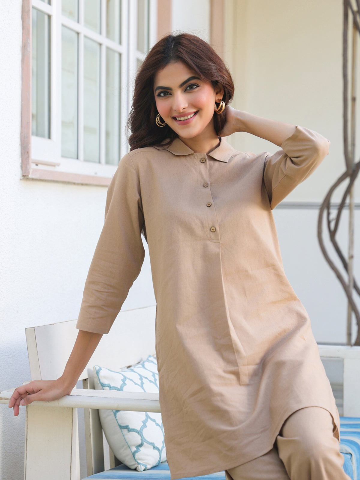 Janasya Dark Cotton Solid A-Line Top & Bottom Set 